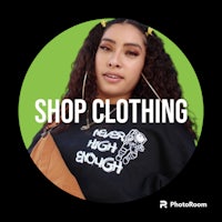 a woman wearing a hoodie with the words shop clothing