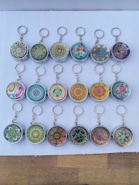 a group of colorful keychains on a table