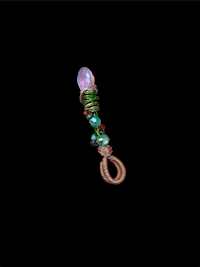 a green and pink beaded necklace hanging on a black background